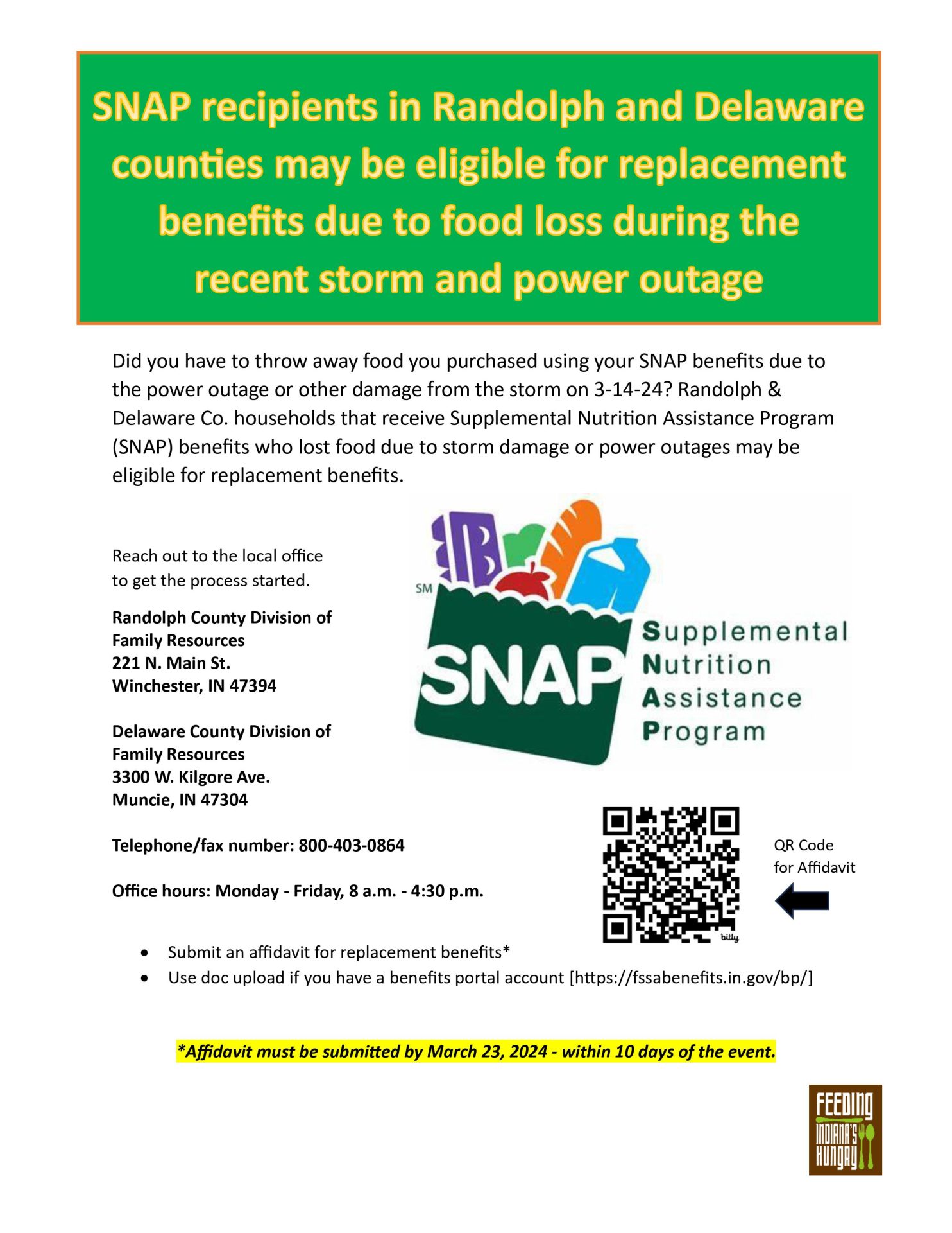 SNAP recipients in Randolph and Delaware counties may be eligible for replacement benefits due to food loss during the  recent storm and power outage